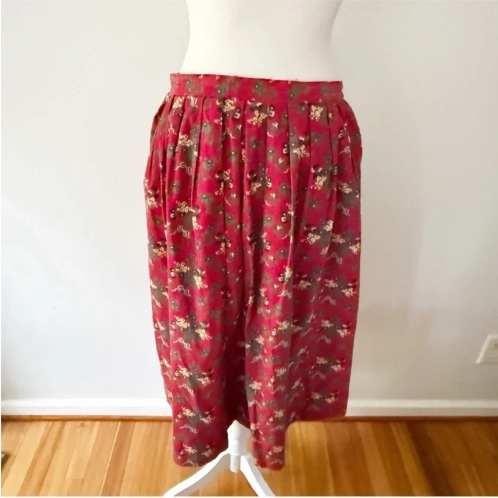 Vintage Lands End Women Floral Pleated Corduroy Maxi Skirt 12P Cottage Prairie